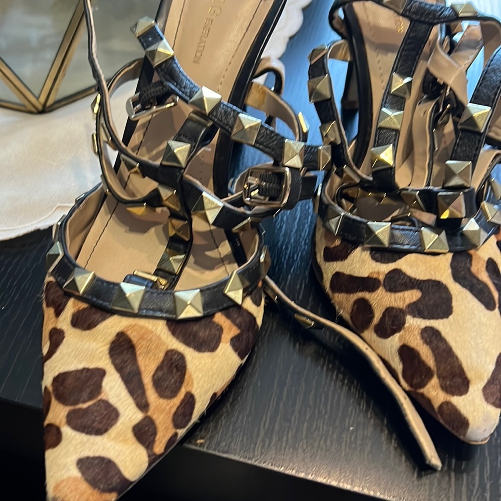 BCBG Leopard Print Studded Pointed-Toe Strappy Heels